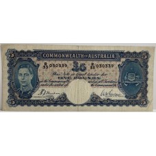 AUSTRALIA 1939 . FIVE 5 POUNDS BANKNOTE . SHEEHAN / McFARLANE